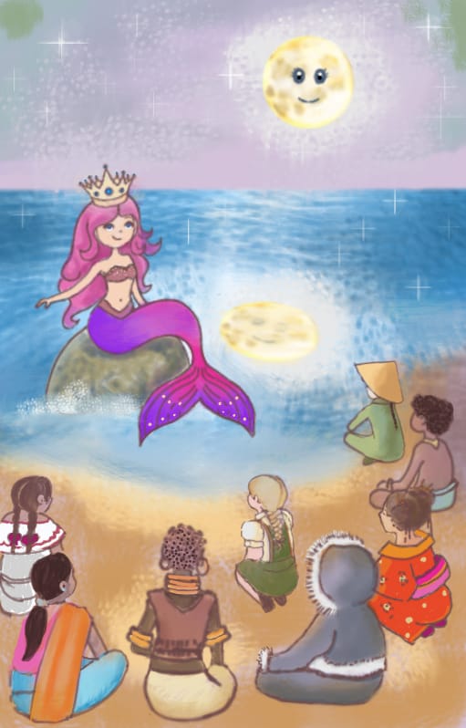 Mermaid Aurena meeting children by the sea